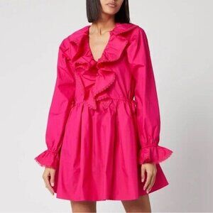 NWT Self-Portrait Fuchsia Pink Lace Ruffled Cotton-poplin Mini Dress 4